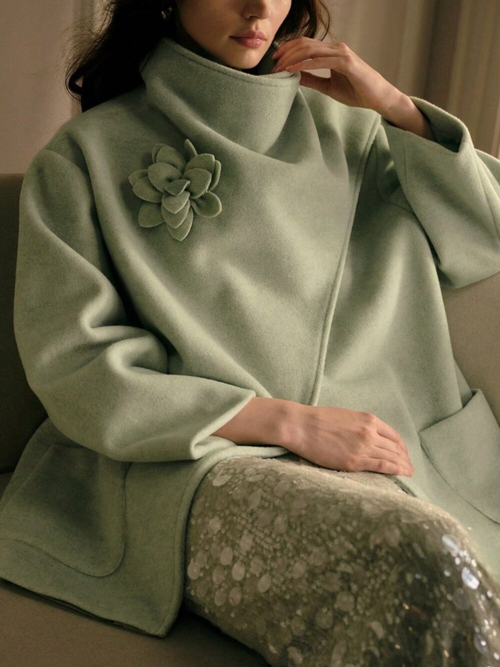 Green Elegant Women's Cowl Neck Overcoat
